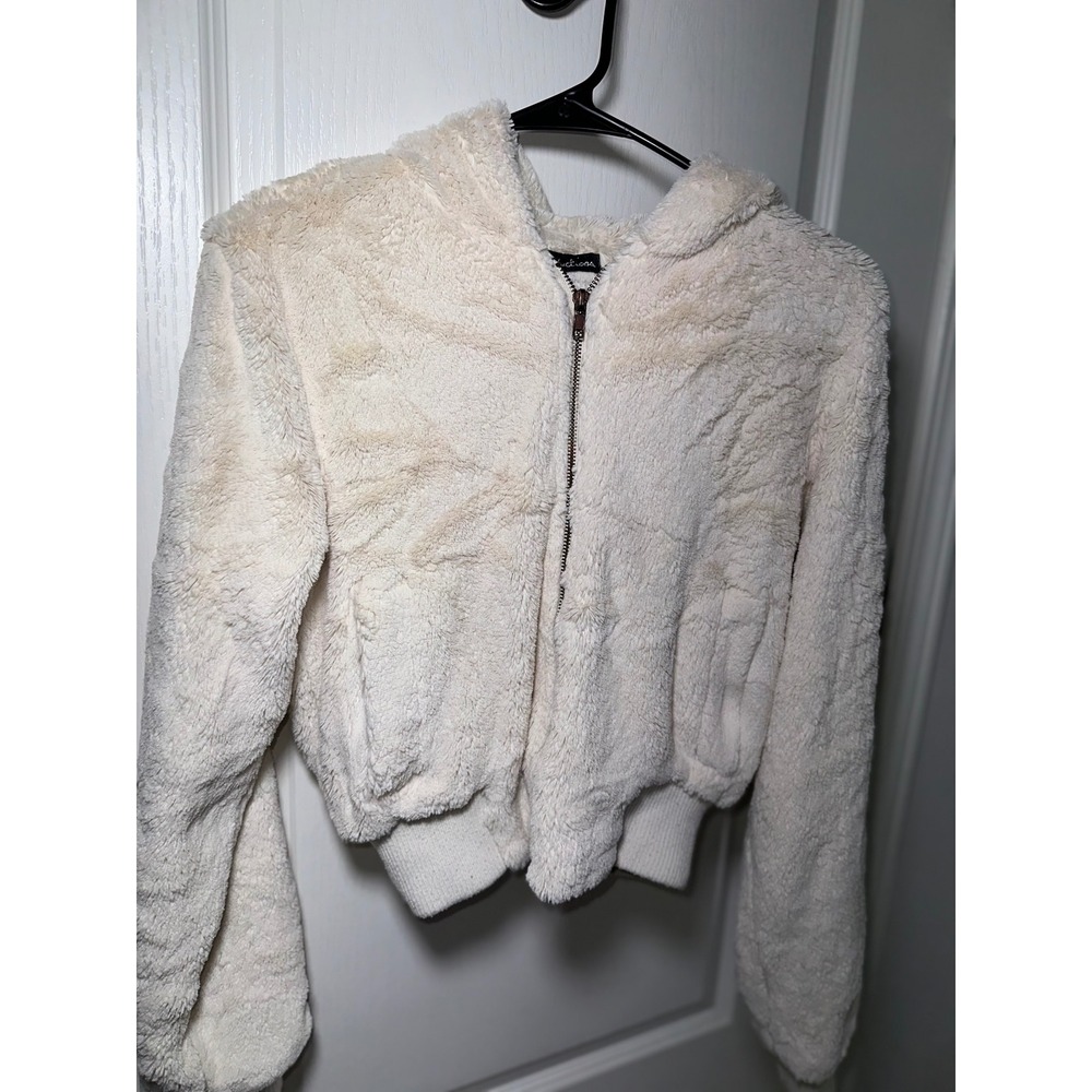 Seduction Women's Beige Hooded Full Zip Short Jacket, Long Sleeve Size M
